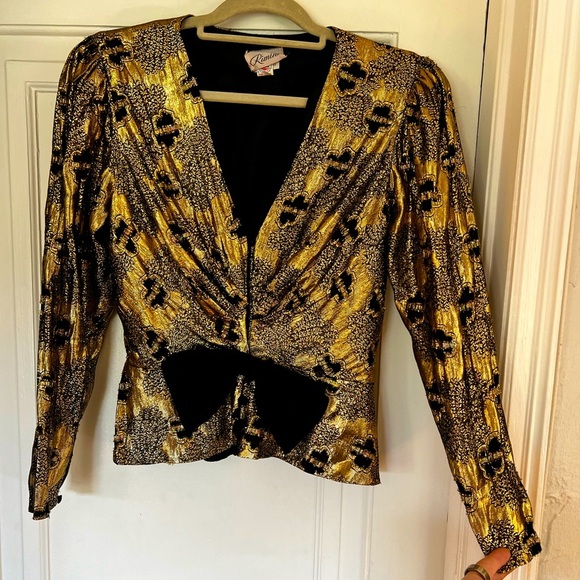 Vintage Gold Metallic Brocade Size M Evening Blouse Black Bow 80s Cocktail Top - Picture 1 of 10